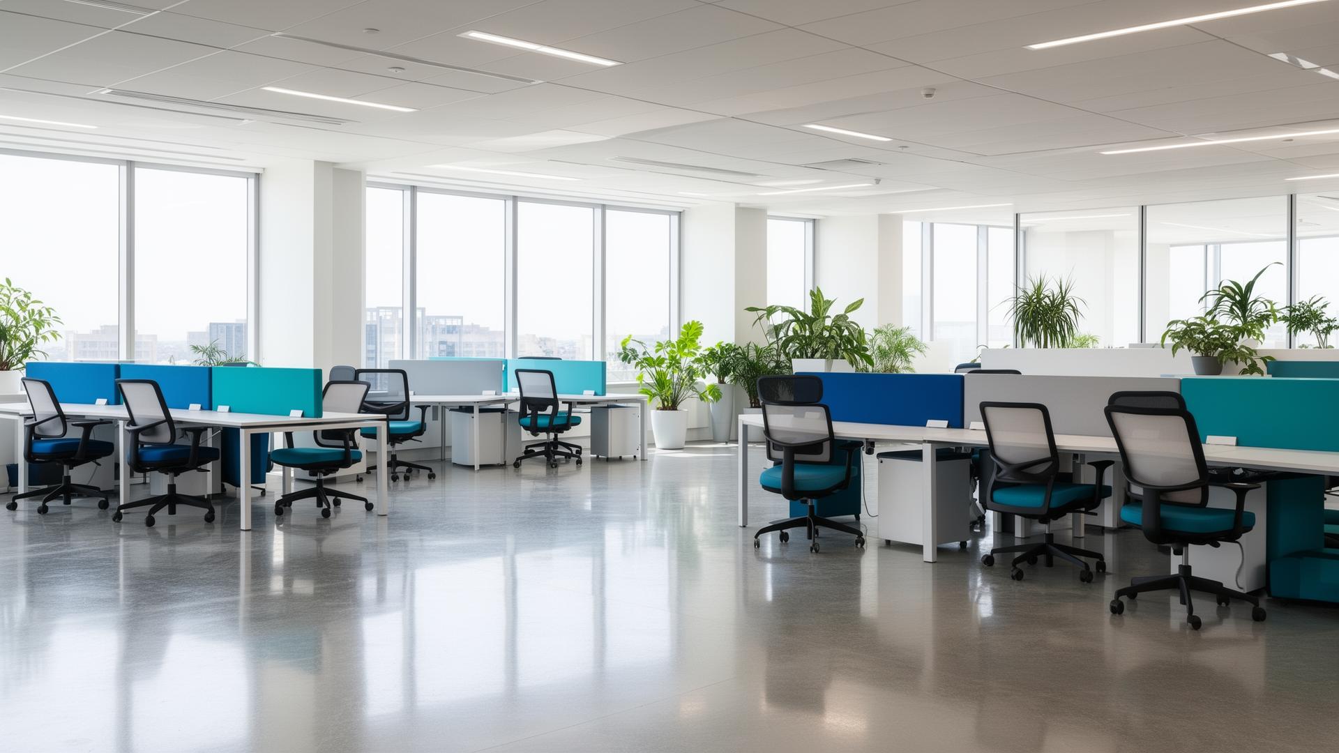 Modern open office space, cleaned and ready for the workday